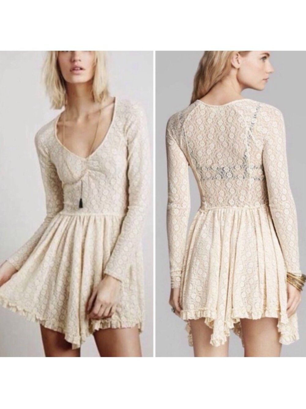 Free People Lace Mini Dress XS Beige Long Sleeves Cottage Feminine Coquette Boho